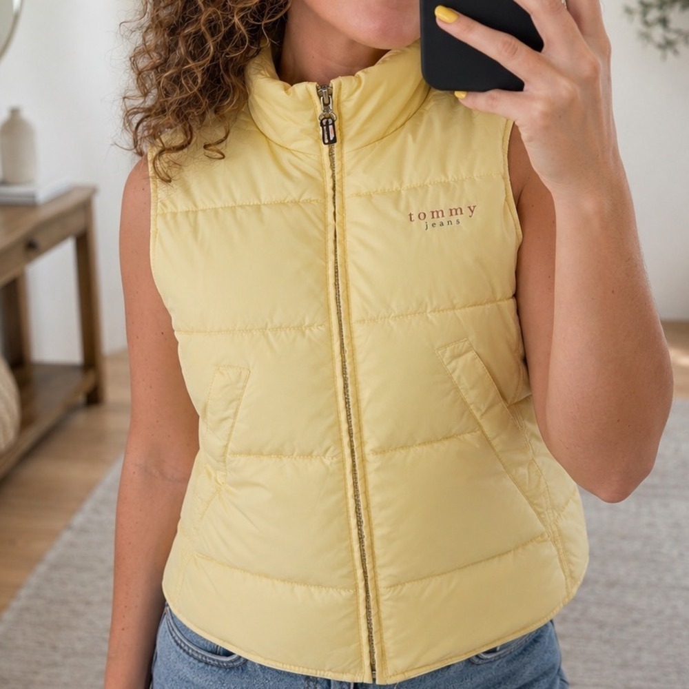 Tommy Jeans Puffer Vest Womens Size XL Yellow Insulated Stand Up Collar Full Zip